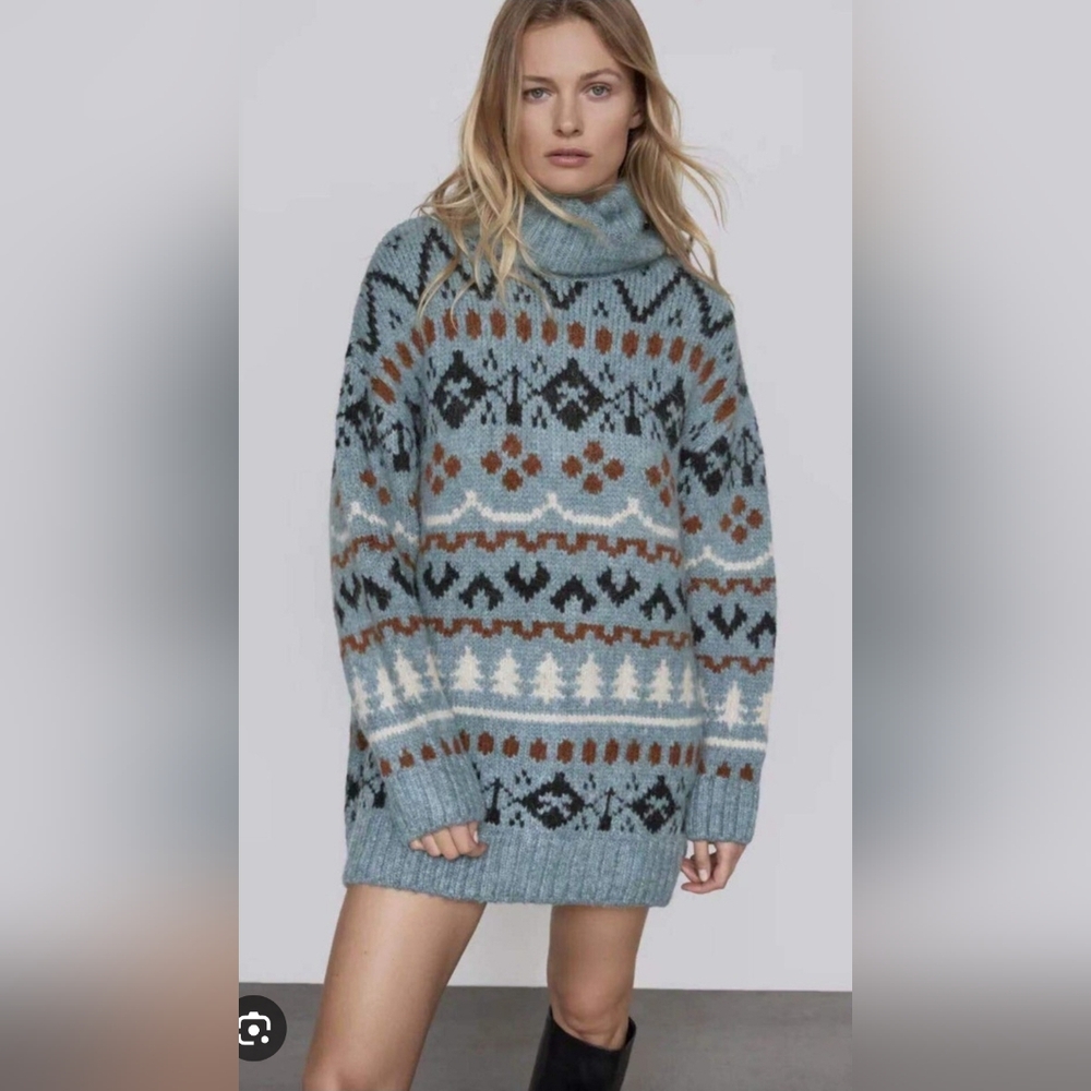 Zara Blue Fairisle Knit Oversized Sweater size Small